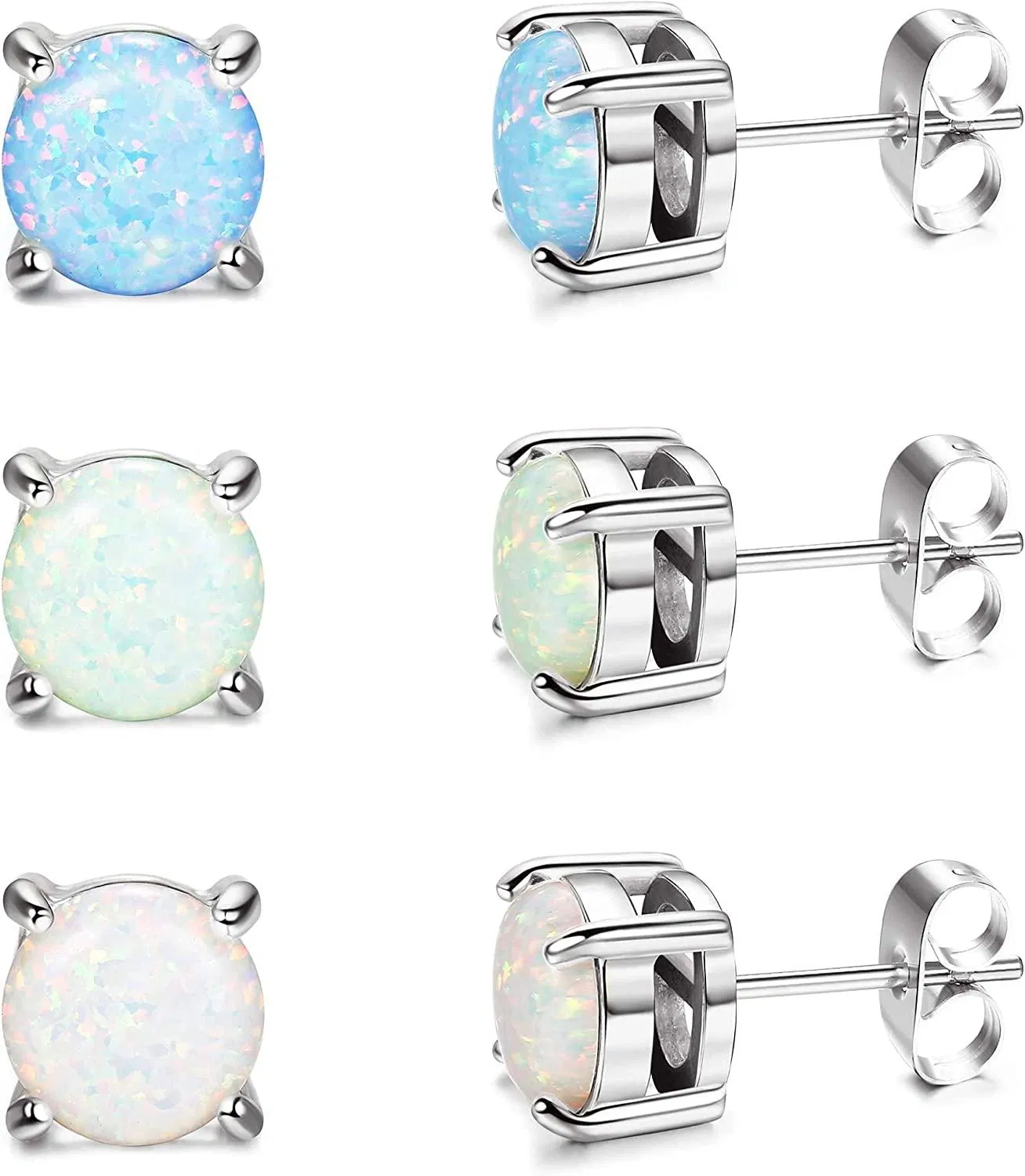 3 Pair Stud Earrings Set for Womens Teens Opal Birthstone Earrings for Sensitive Ears Round Gemstone Ear Stud Gift 4mm 6mm 8mm - Grocery