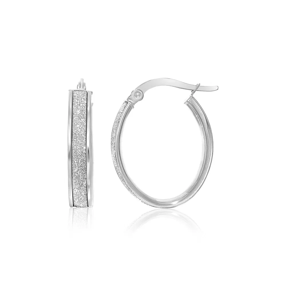 14k White Gold Glitter Center Oval Hoop Earrings(4x15mm) - Grocery