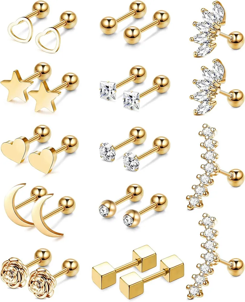12 Pairs Trague Helix Cartilage Earrings Piercing for Women Labret Lip Stud Earrings 16G Stainless Body Piercing Jewelry - Grocery