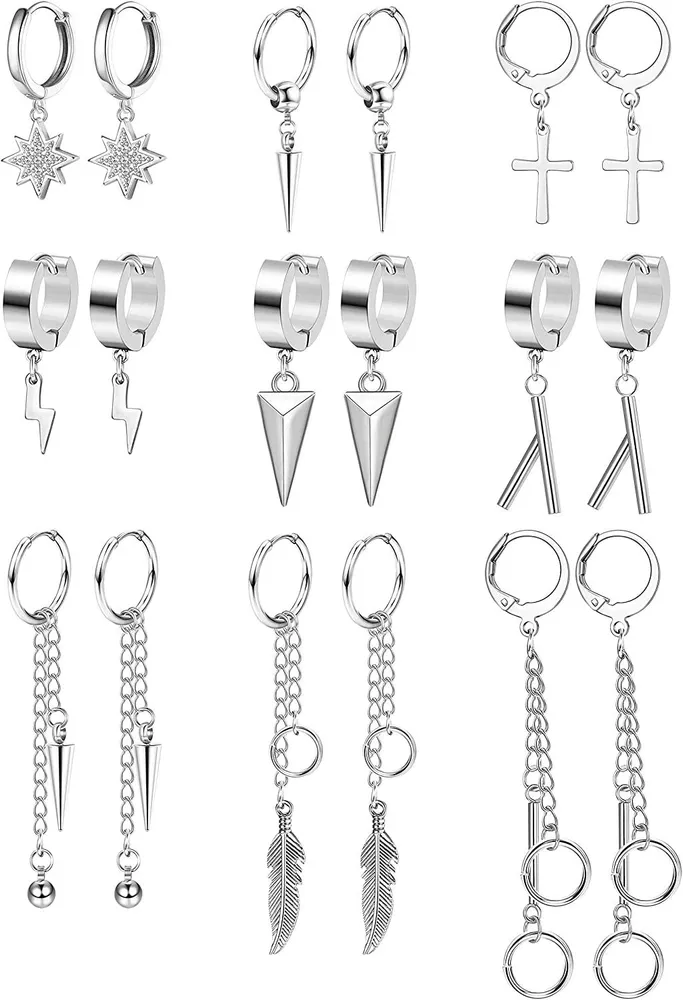9 Pairs Hoop Dangle Earrings Stainless Hinged Dangle Earrings Long Chain Pendant Earrings Dangle Huggie Hoop Earrings For Women Men - Grocery