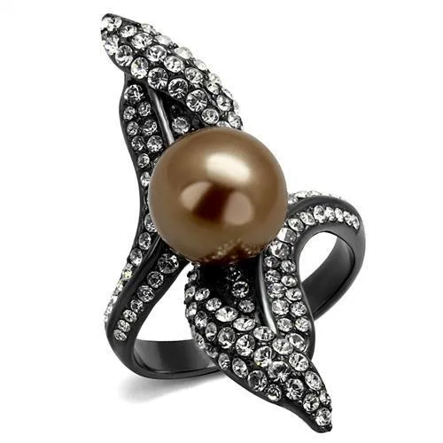 TK2834 - IP Light Black (IP Gun) Stainless Steel Ring with Synthetic Pearl in Brown - Grocery