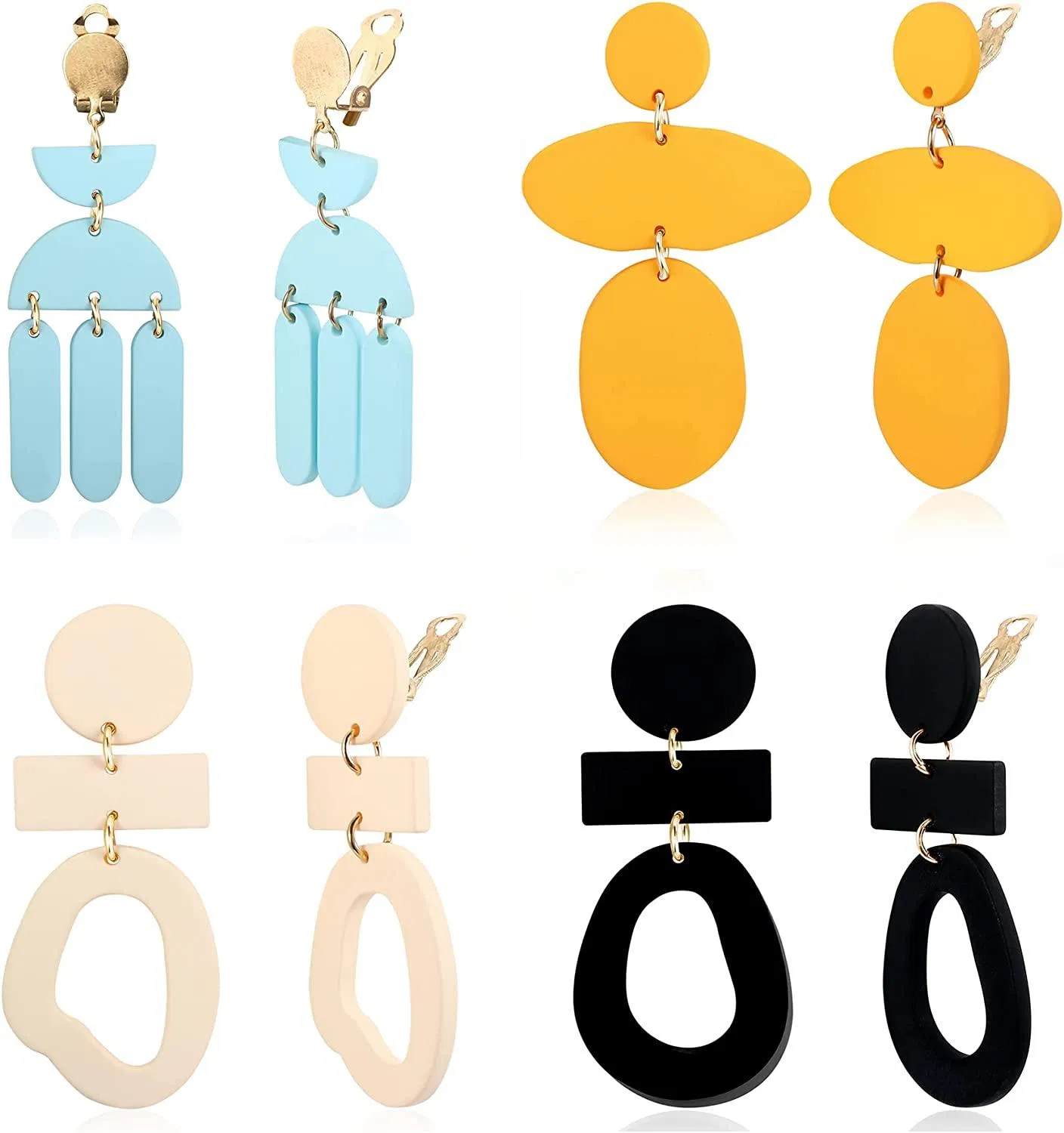 4 Pairs Colorful Clip on Drop Earrings for Women Ceramic Clay Dangle Earring Cute Drop Earrings - Grocery