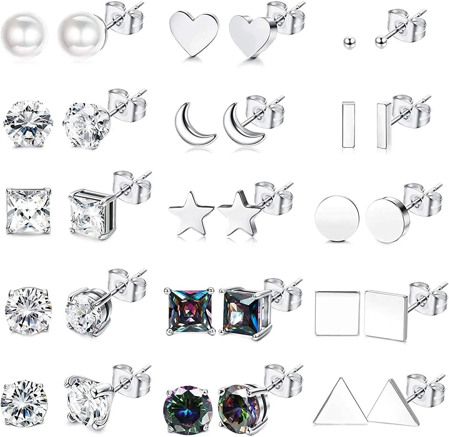 15 Pairs Stainless Small Earrings for Women Men CZ Moon Star Pearl Earring Tiny Ball Carilage Earrings Geometric Stud Earrings - Grocery