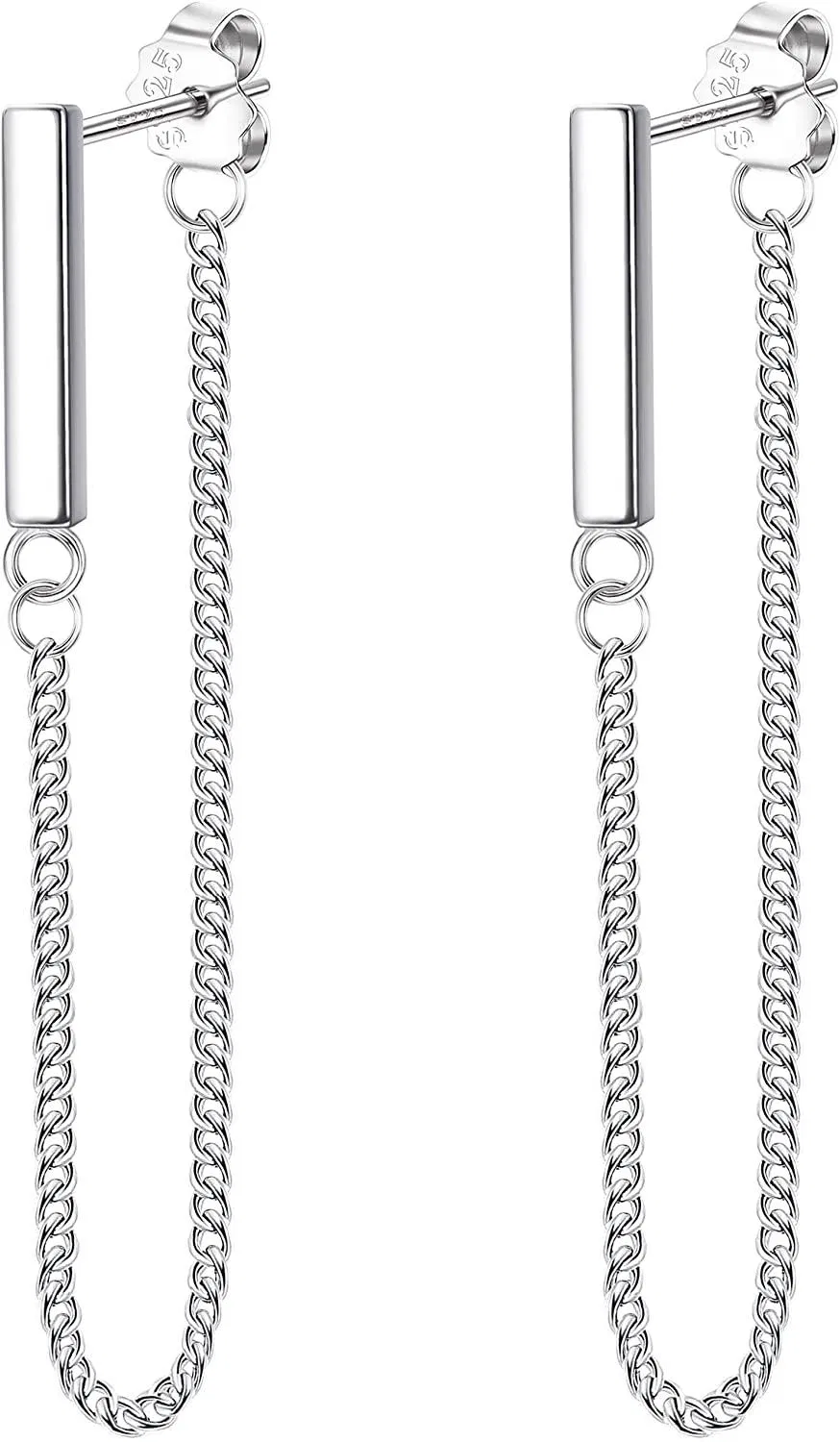 925 Sterling Chain Stud Earrings for Women Minimalist Bar Stud Earrings 3mm Ball Stud Earrings with Chain Dangle - Grocery