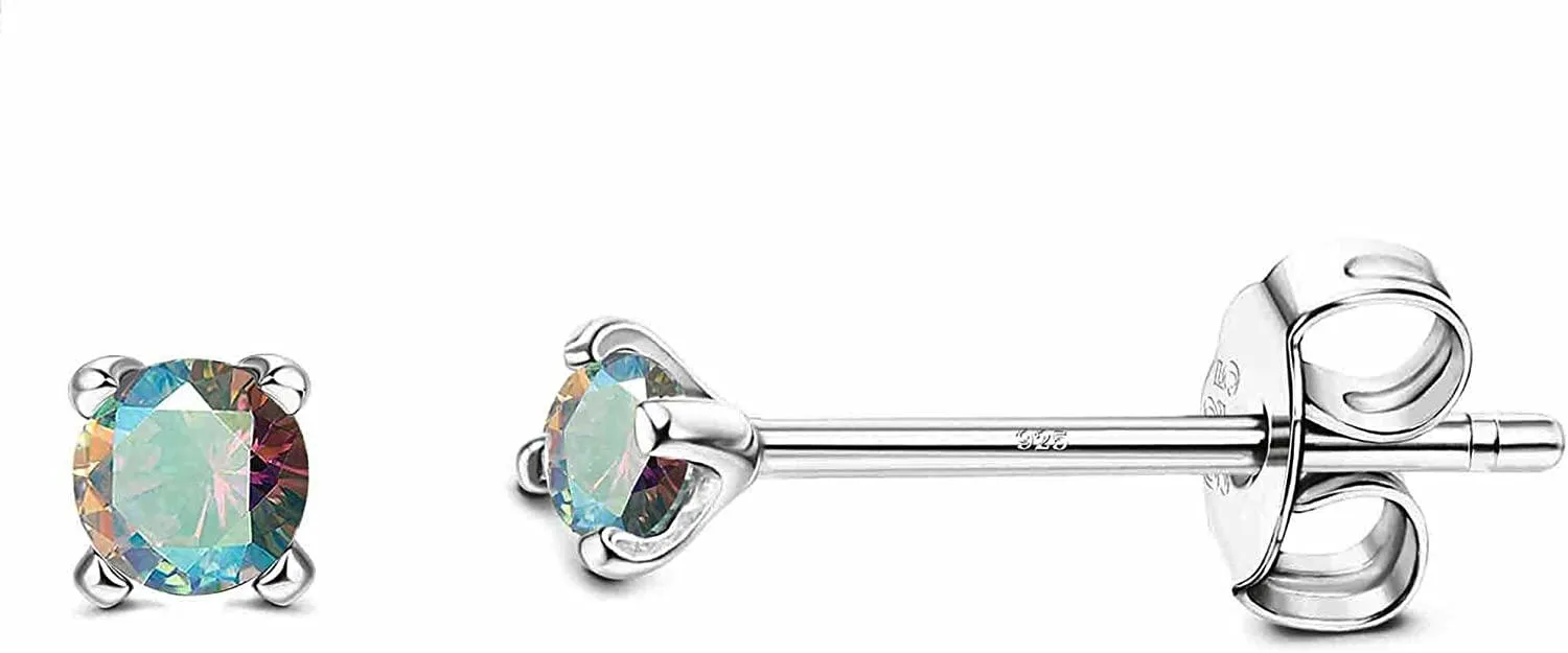 2mm Tiny Long Post Cubic Zirconia Stud Earrings for Women Men; Aurora Rainbow earrings Platinum Tiny CZ Studs earrings Hypoallergenic - Grocery