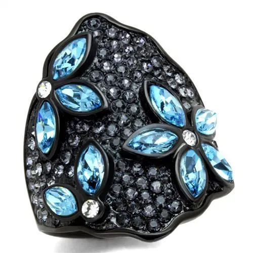TK1834 - IP Black(Ion Plating) Stainless Steel Ring with Top Grade Crystal in Sea Blue - Grocery