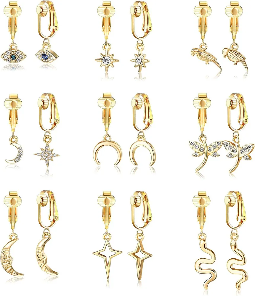 9 Pairs 14K Gold Plated Clip on Earrings for Women Teens Boho Charm Earrings Clip-on Hoop Dangle Drop Earrings Non Piercing Set - Grocery