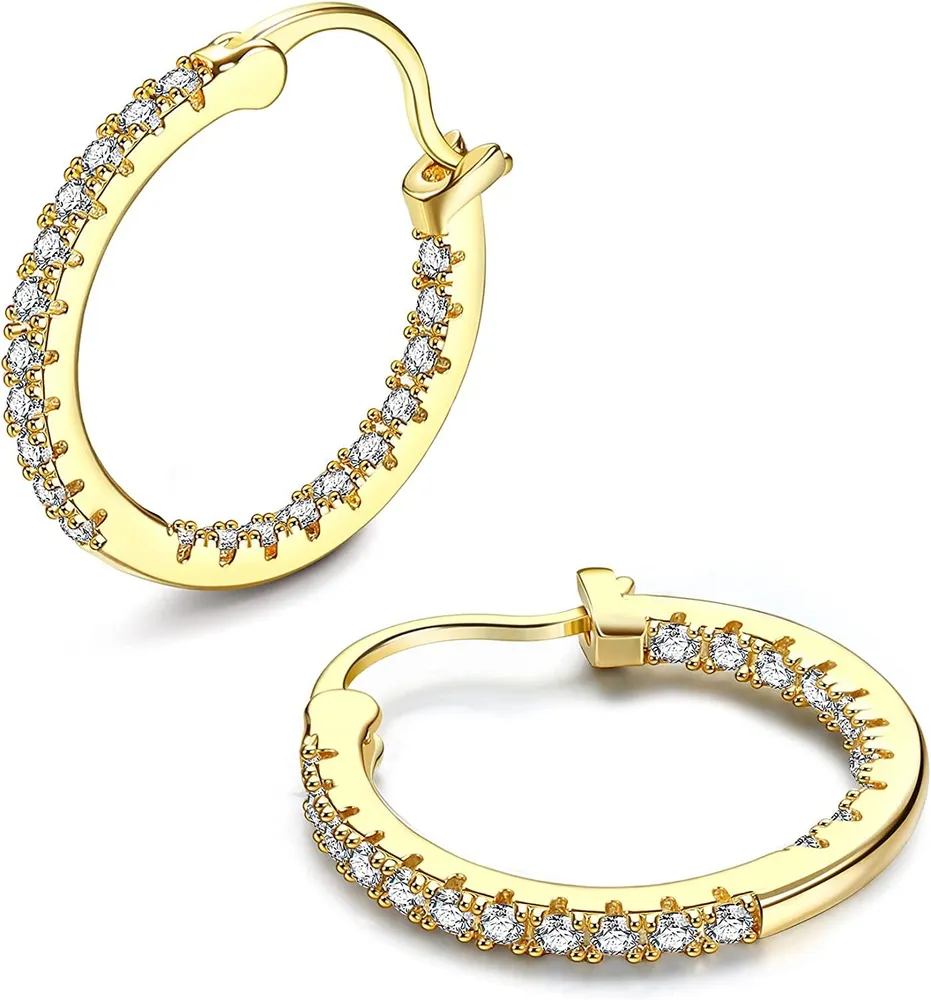 925 Sterling Post Hoop Earrings 14K Gold Plated Hoops Cubic Zirconia Hoop Earrings for Women Hypoallergenic Earrings Jewelry - Grocery