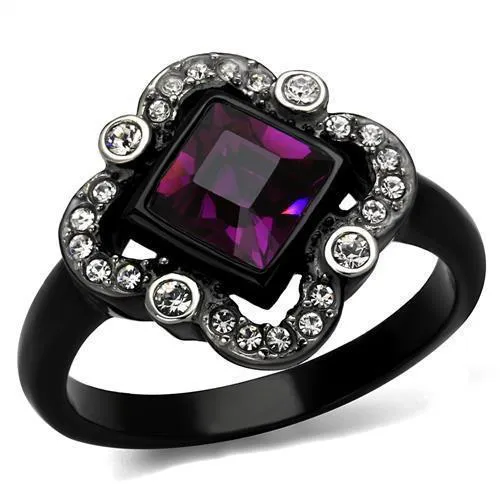 TK2489 - Two-Tone IP Black Stainless Steel Ring with Top Grade Crystal in Fuchsia - Grocery