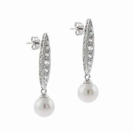 Sterling Silver CZ & Simulated White Pearl Dangle Earrings - Grocery