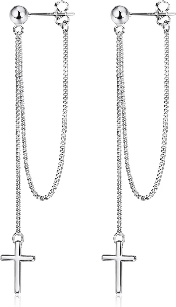 925 Sterling Silver Cross Dangle Earrings for Women 18K Gold Plated Chain Earrings Ball Studs Cross Drop Earrings with Chains - Grocery