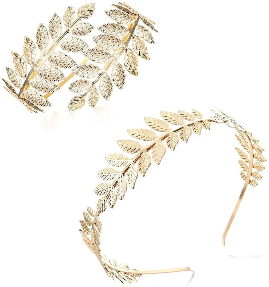Greek Goddess Headband Arm Cuff Bridal Jewelry Set Roman Laurel Leaf Branch Crown Armlet Upper Arm Band Bracelet Adjustable - Grocery