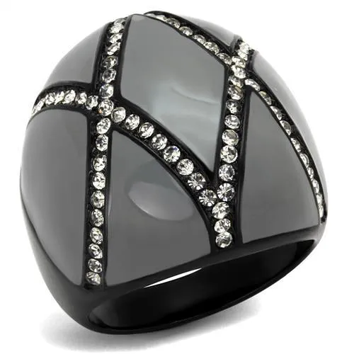 TK2216 - IP Black(Ion Plating) Stainless Steel Ring with Top Grade Crystal in Clear - Grocery