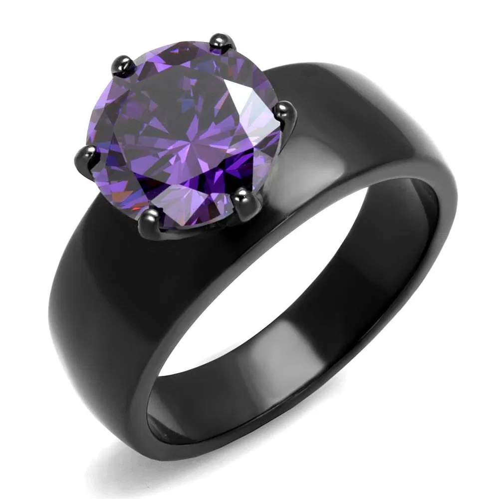 TK2999 - IP Black(Ion Plating) Stainless Steel Ring with AAA Grade CZ in Amethyst - Grocery