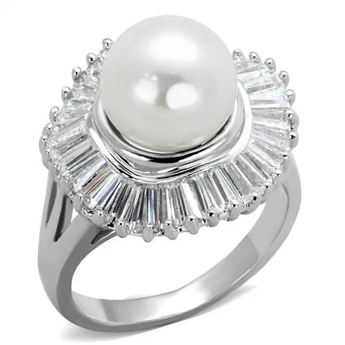 3W1073 - Rhodium Brass Ring with Synthetic Pearl in White - Grocery
