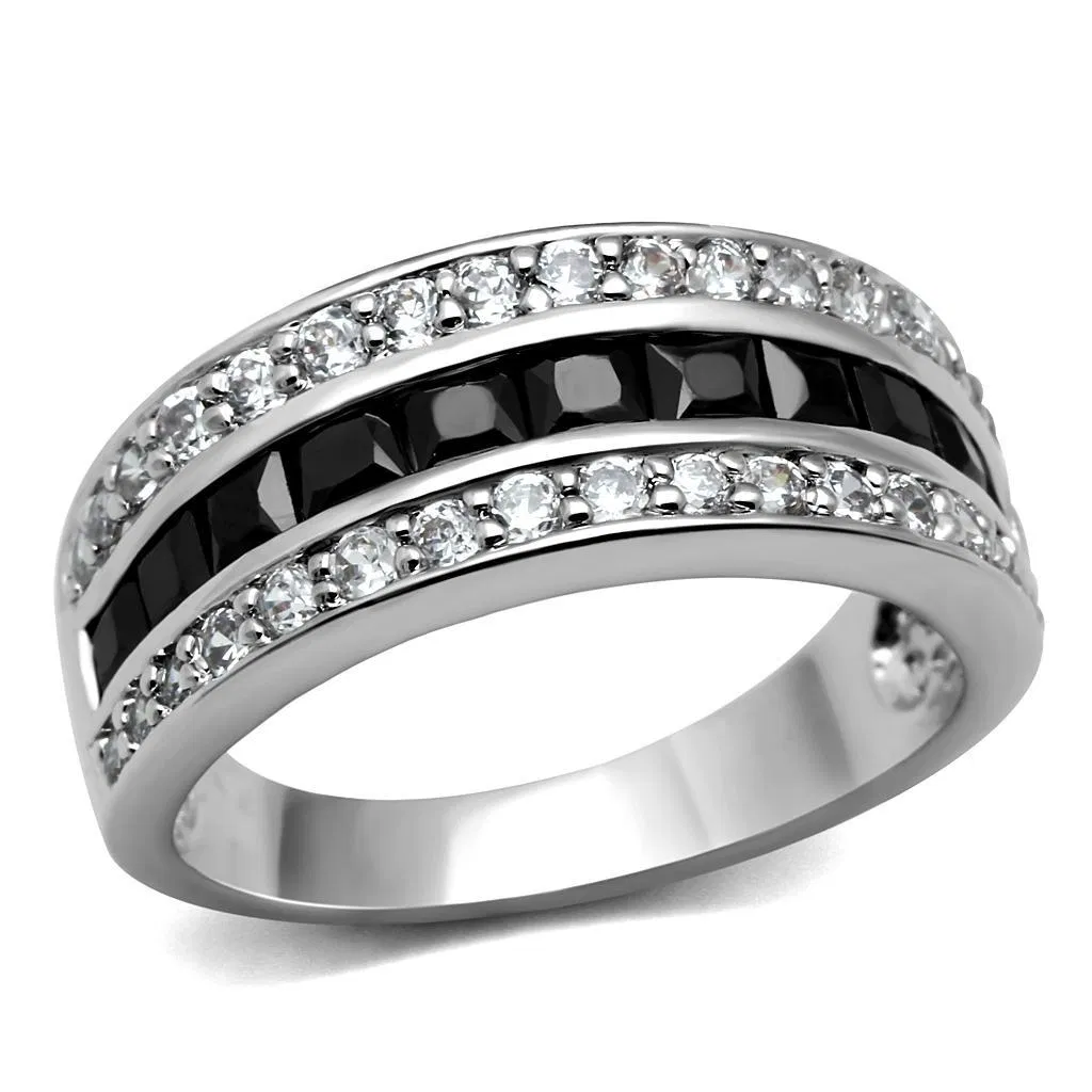 TK2872 - High polished (no plating) Stainless Steel Ring with AAA Grade CZ in Black Diamond - Grocery