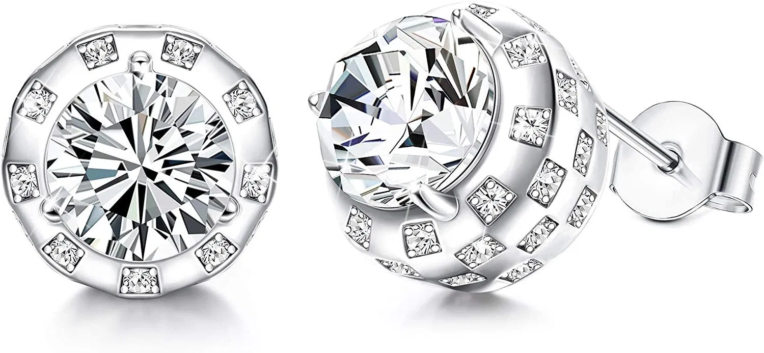 Round Halo Stud Earrings CZ Stud Earrings White Gold Plating Cubic Zirconia Stud Earrings For Men Women Jewelry Gift - Grocery