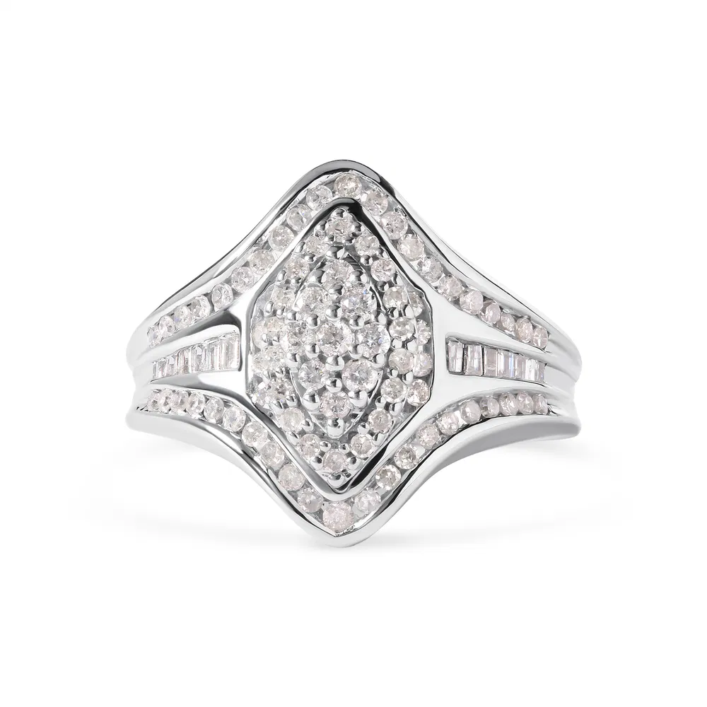 14K White Gold 3/4 Cttw Round and Baguette cut Diamond Cluster Ring (H-I Color, I1-I2 Clarity) - Grocery