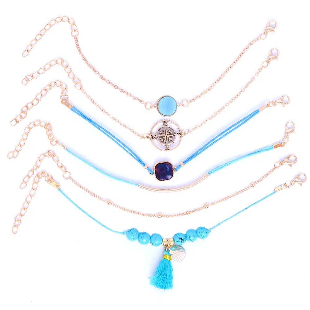 Fashion Compass Elbow Turquoise Diamond Scallop Pendant 6-piece Bracelet - Grocery