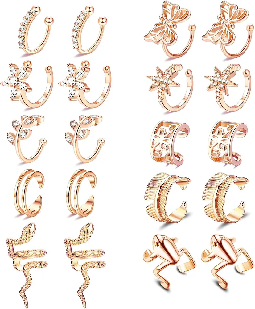 10 Pairs Cuff Earrings for Women Non Piercing Clip on Cartilage Earrings Gold Plated CZ Ear Cuff Earrings Snake Frog Butterfly Fake Earrings Set - Grocery