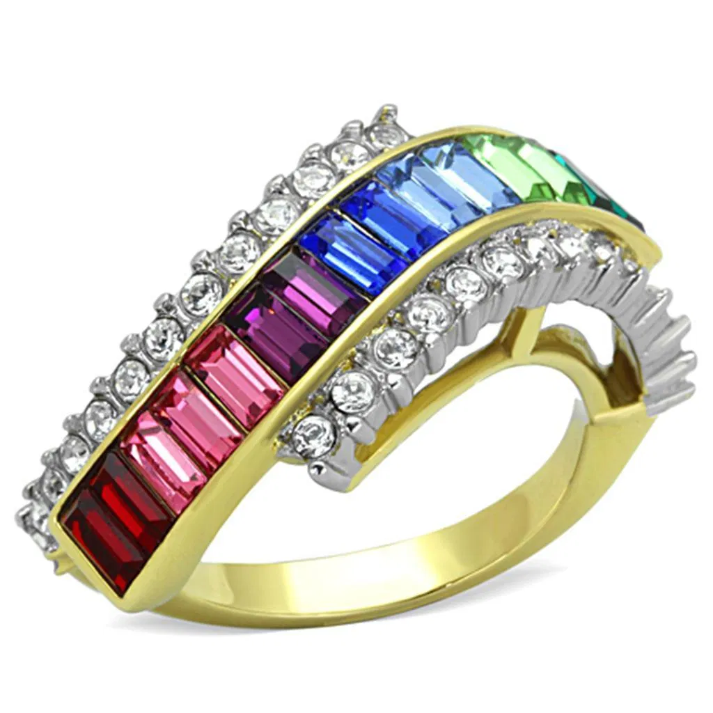 TK1575 - Two-Tone IP Gold (Ion Plating) Stainless Steel Ring with Top Grade Crystal in Multi Color - Grocery