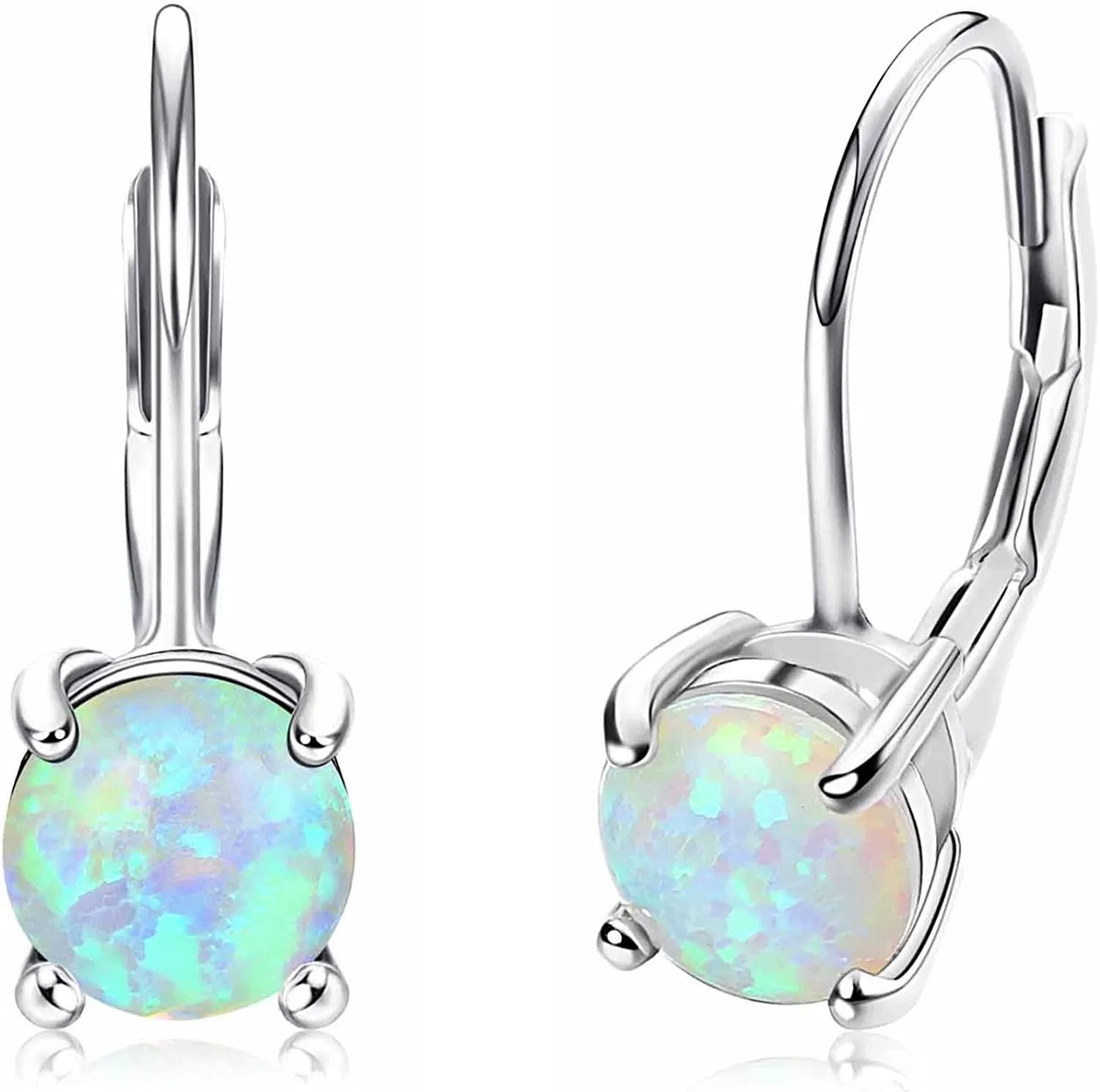 925 Sterling Silver Opal Leverback Earrings for Women White Gold Plated Round CZ Leverback Dangle Hoop Earrings Wedding Bridal Drop Dangle Earrings - Grocery