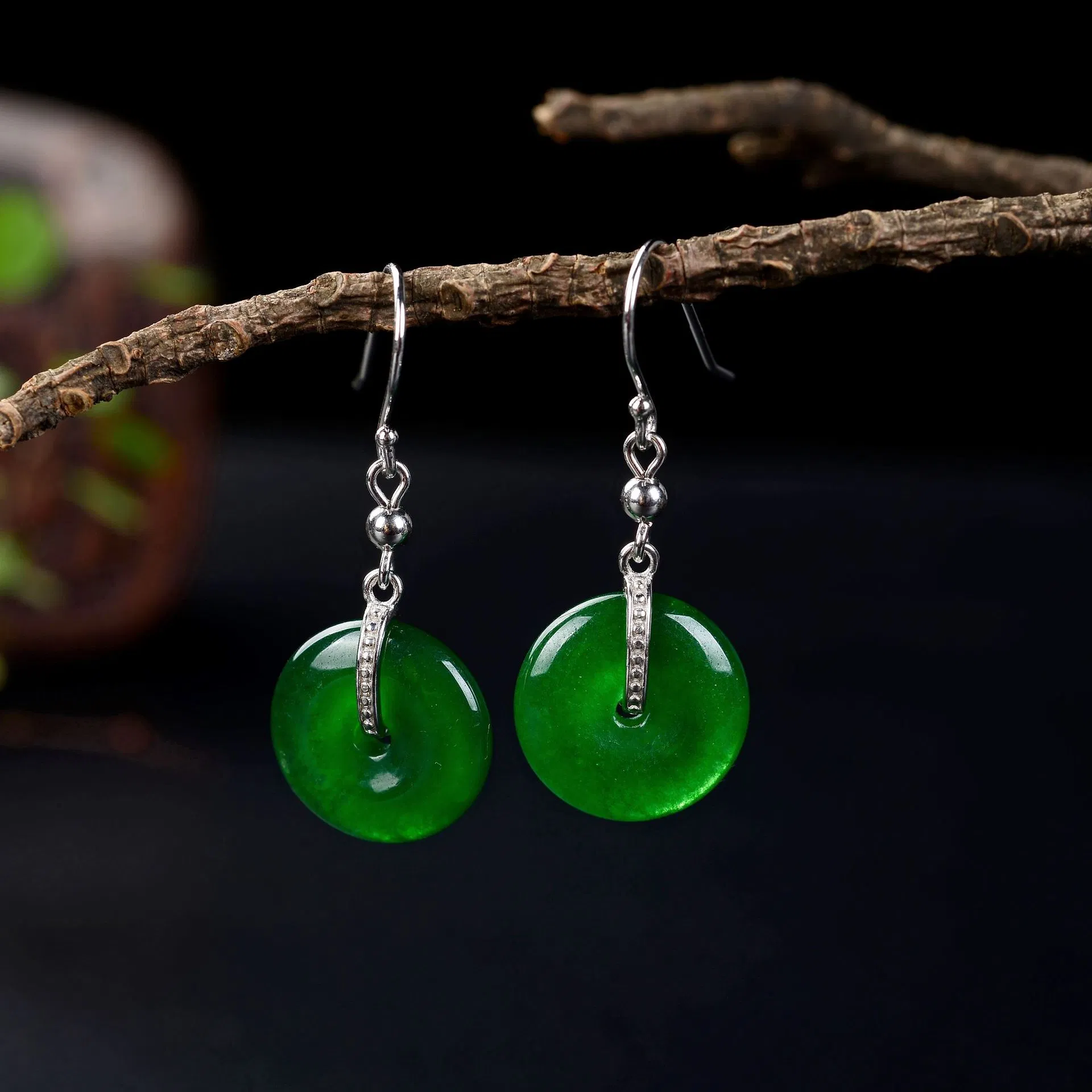 S925 Sterling Silver Ethnic Style Earrings safety Button jade Long Classic Earrings - Grocery