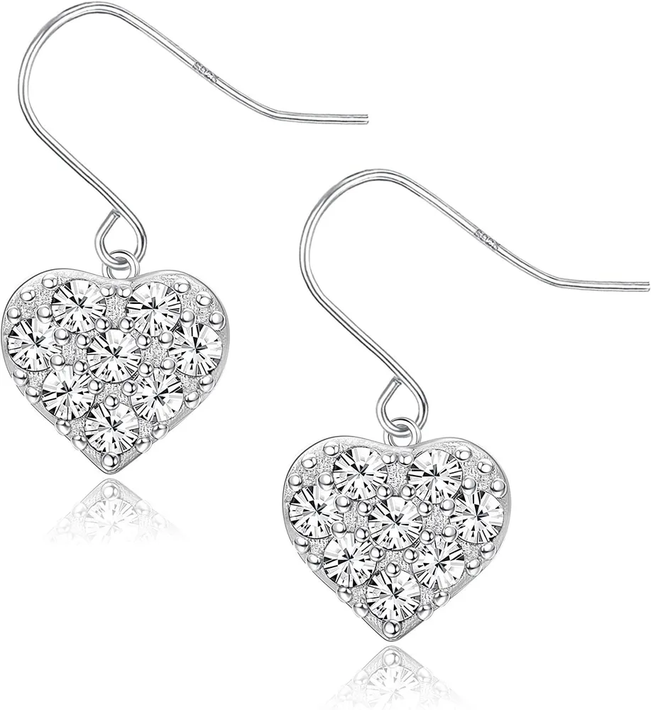 Heart Dangle Earrings 925 Sterling Silver White Gold Plated Hypoallergenic CZ Love Heart Drop Earrings for Women Birthday Gift - Grocery