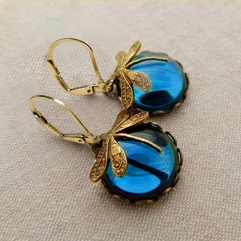 Vintage Metal Dragonfly Earrings Inky Blue Moonstone Brass Glass Cabochon Vintage Victorian Gifts For Women - Grocery