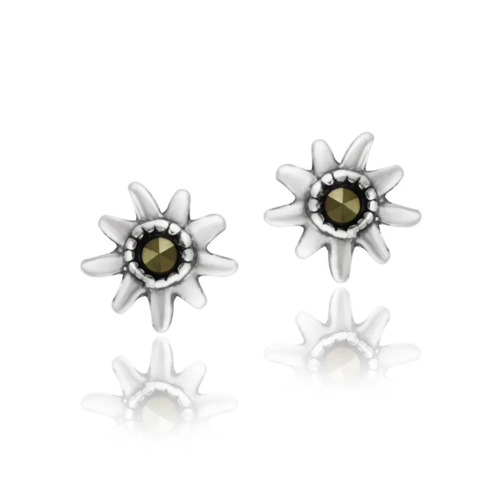 Sterling Silver Marcasite Sunburst Stud Earrings - Grocery