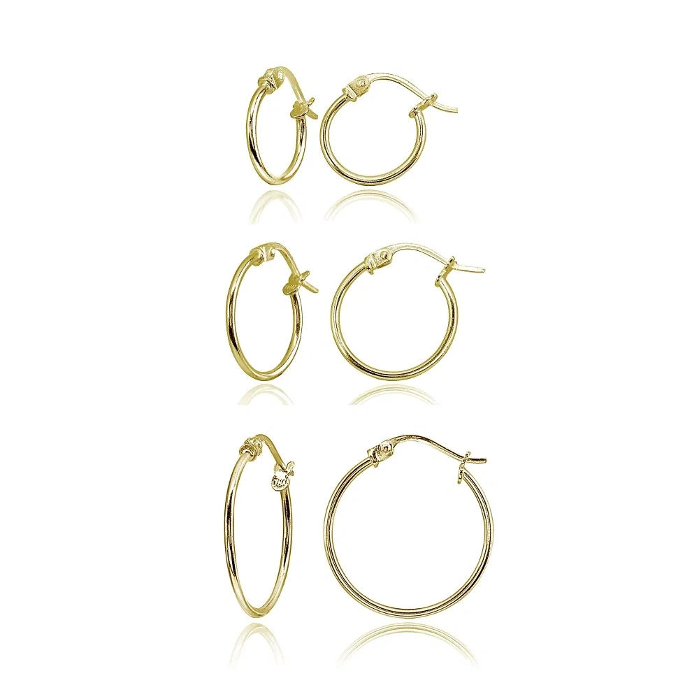 3 Pr Set Gold Flash Silver 1mm Round Thin Unisex Hoop Earrings, 12mm, 15mm, 20mm - Grocery