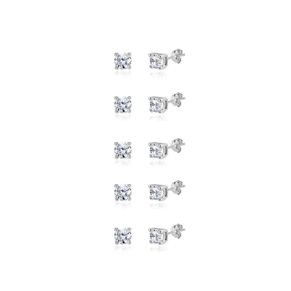 5-Pair Set Sterling Silver Cubic Zirconia 3mm Round Stud Earrings - Grocery
