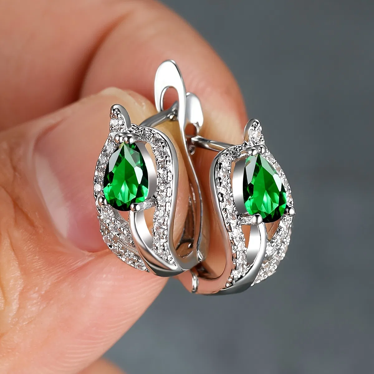 Water Drop Stone Hoop Earrings For Women Luxury Multicolor Zirconia Leaf Crystal Silver Color Wedding Hoop Earrings - Grocery