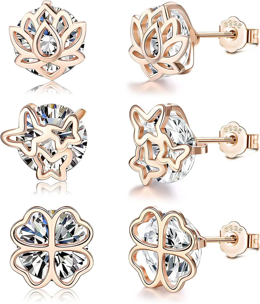 3Pairs Sterling Silver Stud Earrings Set Plated Lotus Four-clover Leaf Butterfly Sparkling Cubic Zirconia Stud Earring for Women - Grocery