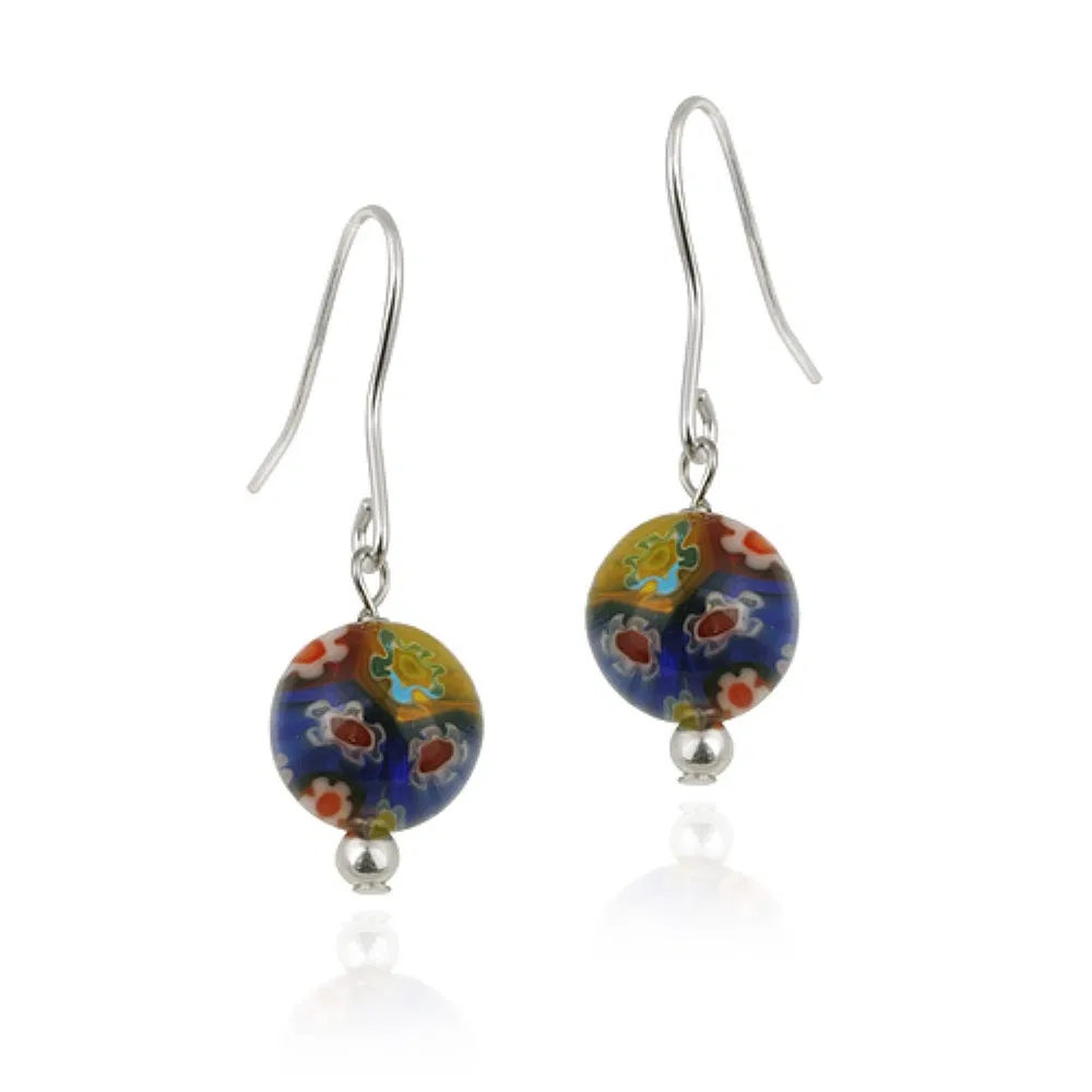 Sterling Silver Multi-Color Millefiori Murano Glass Round Dangle Earrings - Grocery