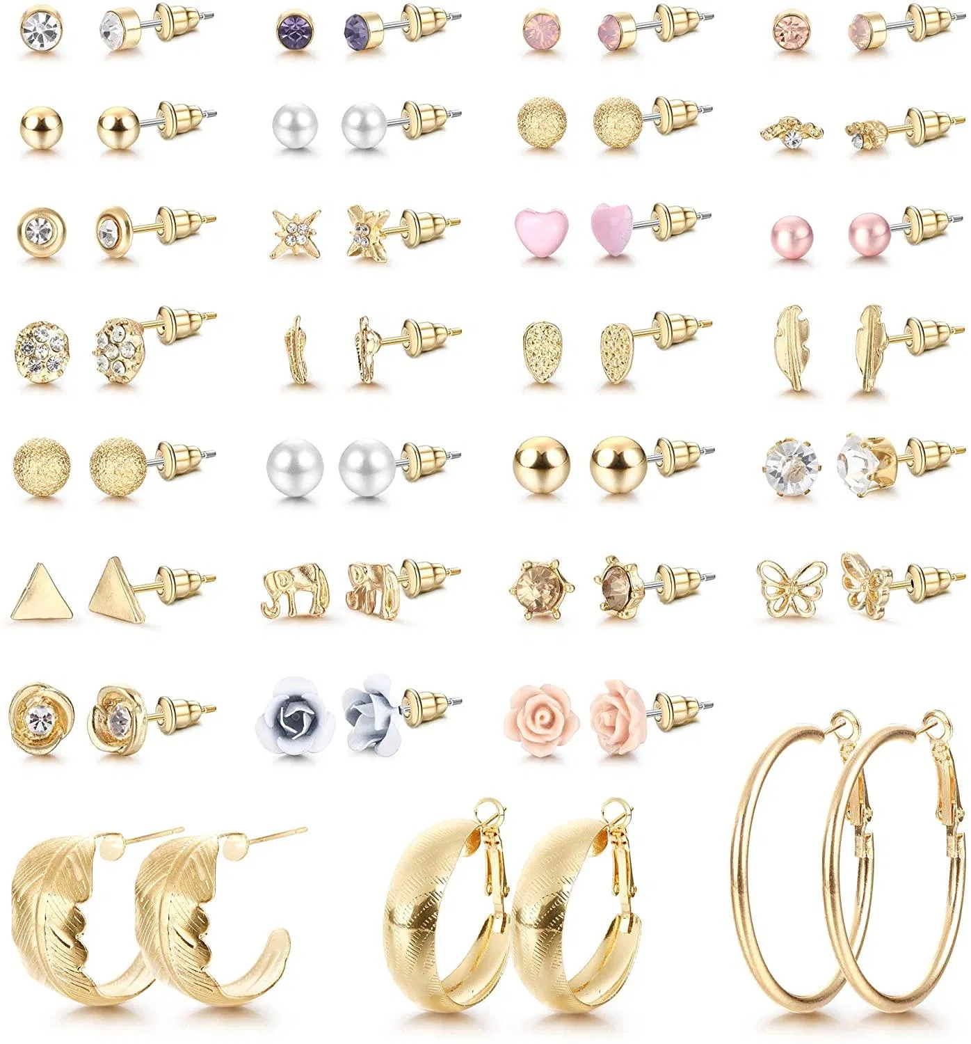 30 Pairs Assorted Multiple Stud Earrings for Women Men Crystal Faux Pearl Butterfly Geometric Simple Cute Big Hoop Statement Earrings Set - Grocery