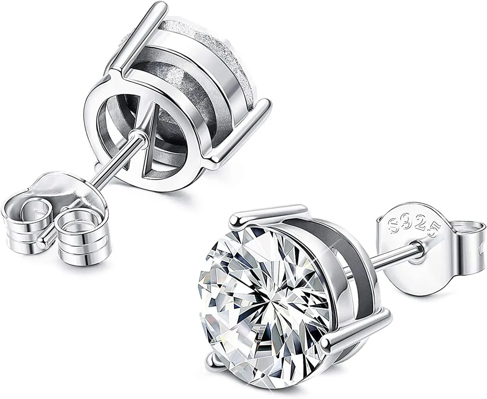 925 Sterling Silver Zirconia Studs Earrings for Women 3 Prongs White Round-cut Cubic Zirconia from Austria Hypoallergenic Studs - Grocery