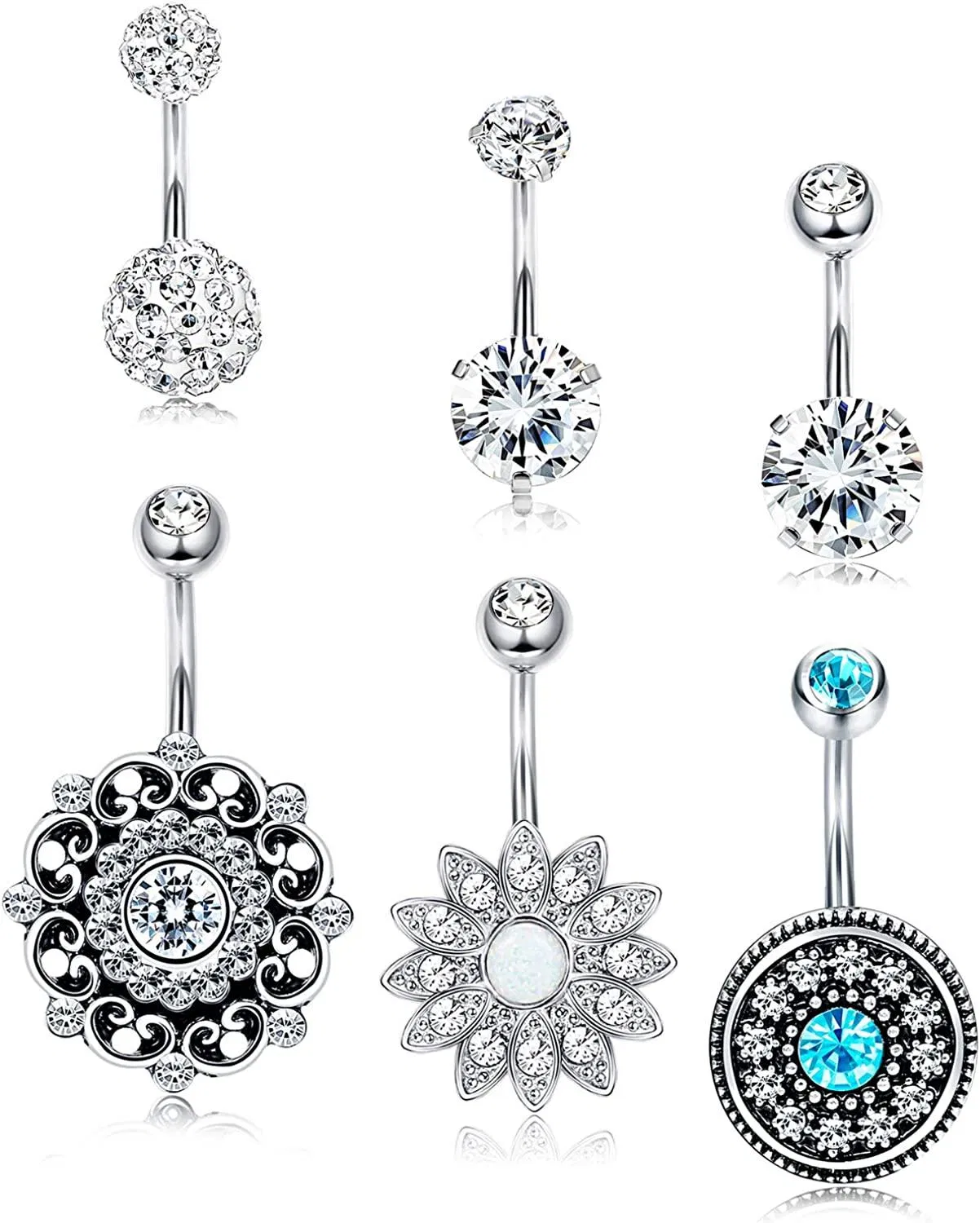 6Pcs Stainless Belly Button Piercing for Women Girl Clear Faceted Round CZ Navel Screw Body Piercing Set - Grocery