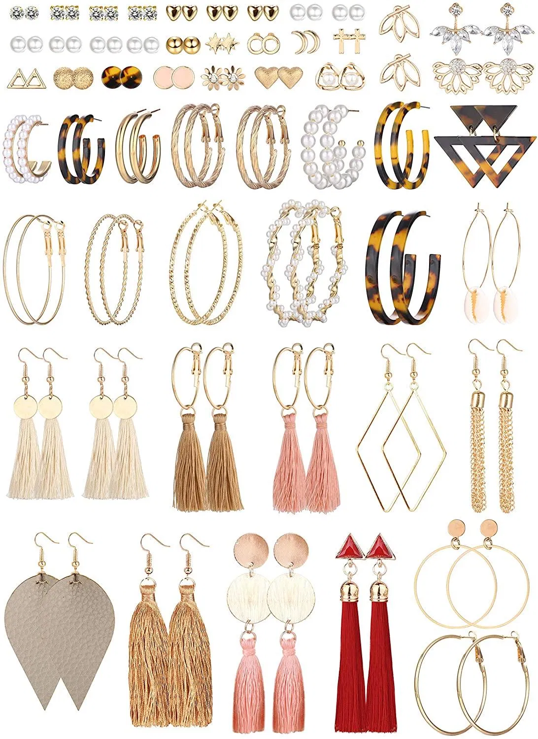 54 Pairs Fashion Colorful Earrings Set for Women Ball Crystal Earrings Jacket Geometric Stud Leather Drop Earrings Tassel Dangle Earrings Pack Bohemian - Grocery