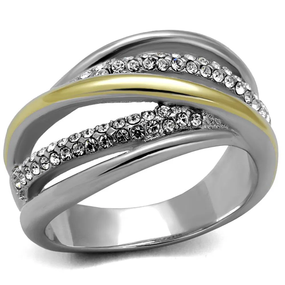 TK2263 - Two-Tone IP Gold (Ion Plating) Stainless Steel Ring with Top Grade Crystal in Clear - Grocery