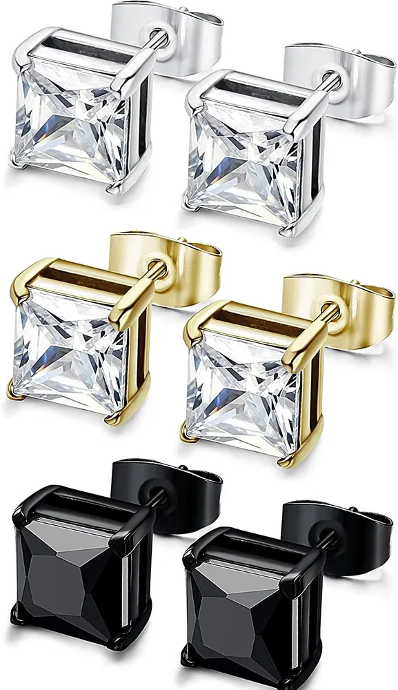 3 Pairs Stainless Studs Earrings for Men Women Cubic Zirconia Inlaid; 3-8mm Available - Grocery