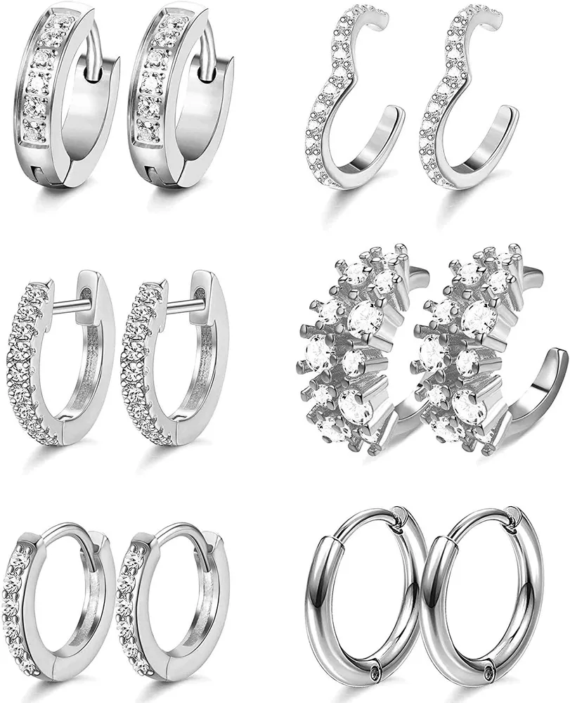 6 Pairs Hoop Huggie Earrings for Women Cubic Zirconia Ear Cuff Earrings Cartilage Earring Hoop Conch Piercing - Grocery