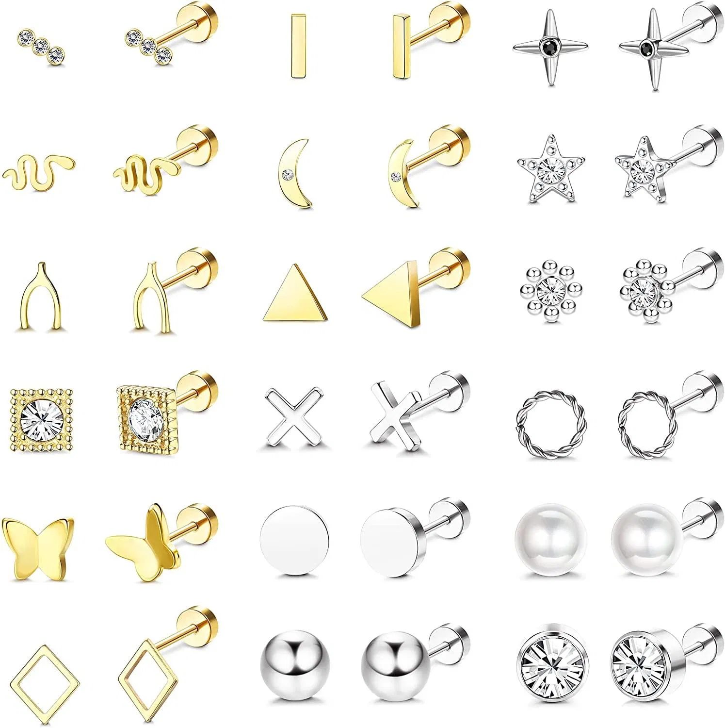 18 Pairs 20G Cartilage Stud Earrings for Women Stainless Tiny Stud Earrings Heart Star Moon flower Hypoallergenic Flatback Earrings Set - Grocery