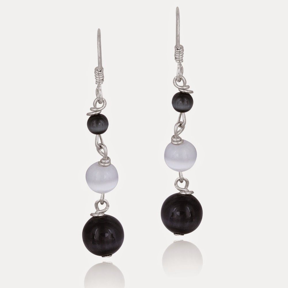 Sterling Silver Black and White Cats Eye Bead Dangle Earrings - Grocery