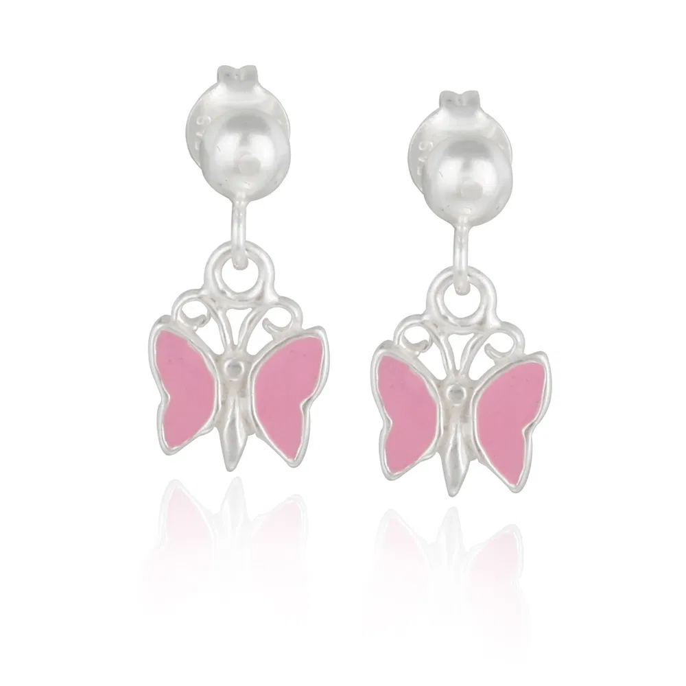 Sterling Silver Pink Enamel Butterfly Girls Dangle Earrings - Grocery
