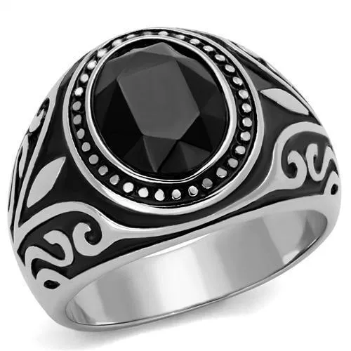 TK2231 - High polished (no plating) Stainless Steel Ring with Top Grade Crystal in Jet - Grocery