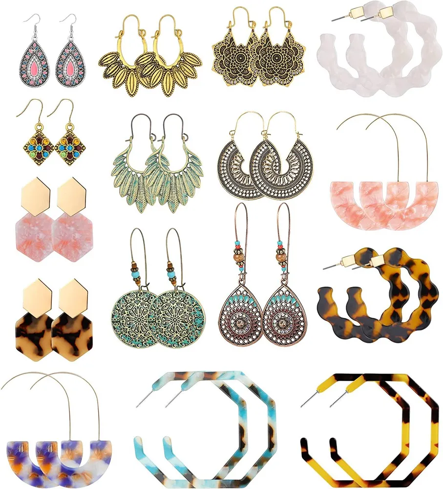 16 Pairs Acrylic Earrings for Women Resin Hoop Earring Bohemian Statement Vintage National Style Hollow Dangle Earrings - Grocery