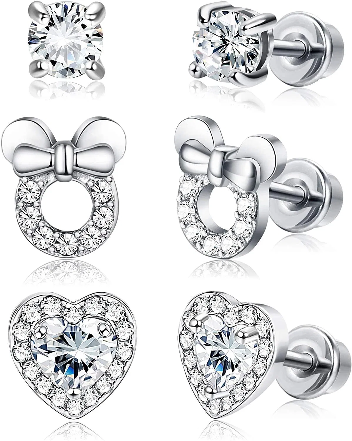 3 Pairs Screwback Earrings for Women Heart CZ Stud Stainless Steel Earrings Set - Grocery