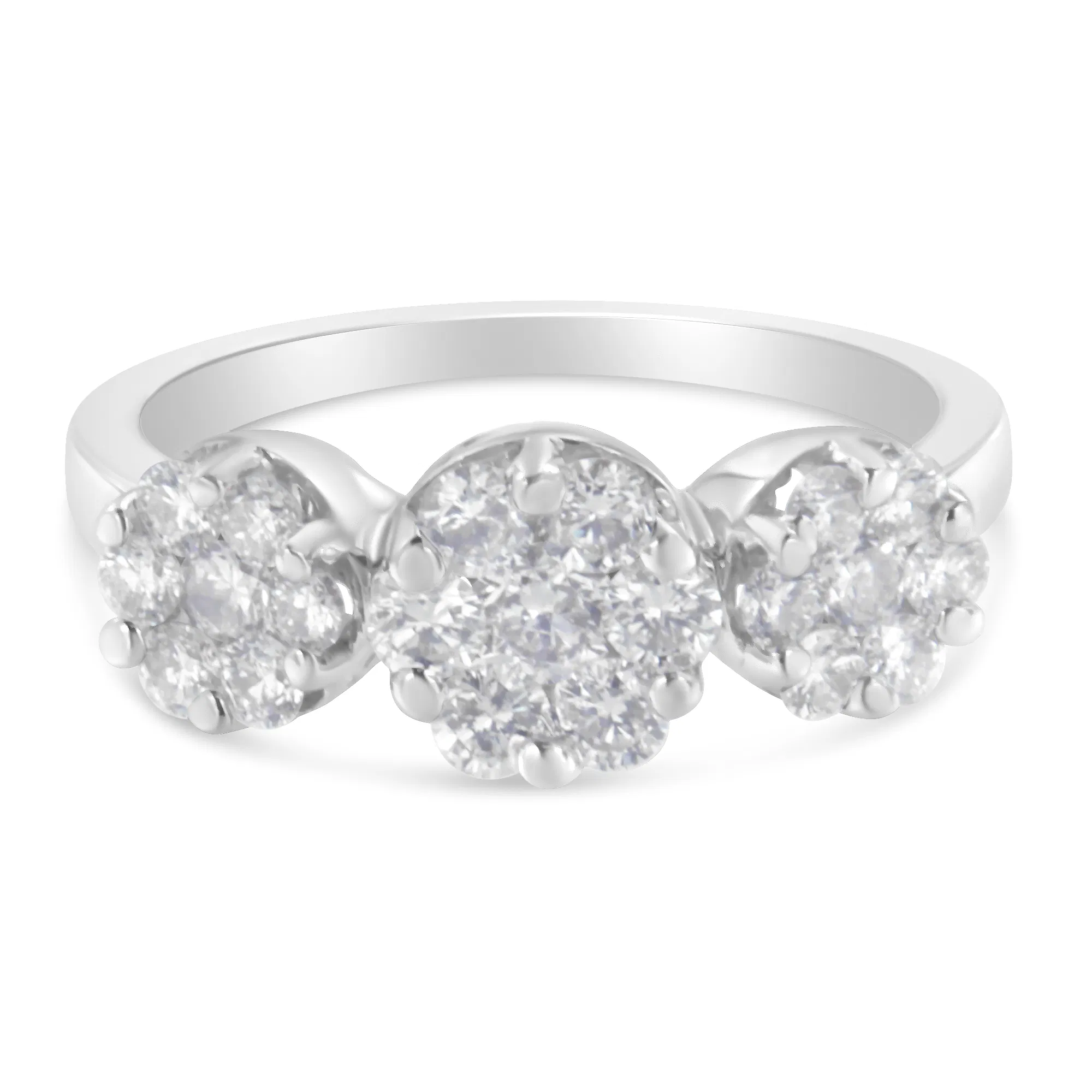 14K White Gold 1-1/4 Cttw Brilliant Cut Diamond Three Round Floral Clusters Engagement or Fashion Ring (H-I Color, SI2-I1 Clarity) - Grocery