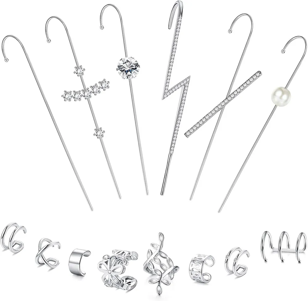 14 Pcs Ear Wrap Crawler Hook Earrings Earcuffs Earrings for Women Climber Piercing Ear Cartilage Cuff Earrings - Grocery